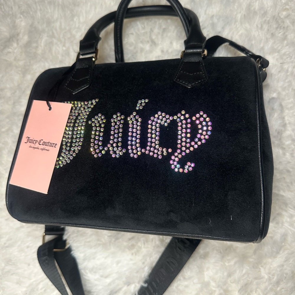 Juicy Couture Black Suede Satchel with rhinestone and gold Accents